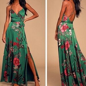 Lulu's Still the One Emerald Green Floral Print Satin Maxi Dress M